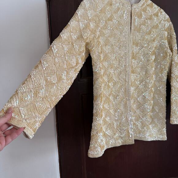1950s Vintage  Creamy Butter Yellow Sequin Patterned Evening Jacket Blazer XS - Picture 5 of 9